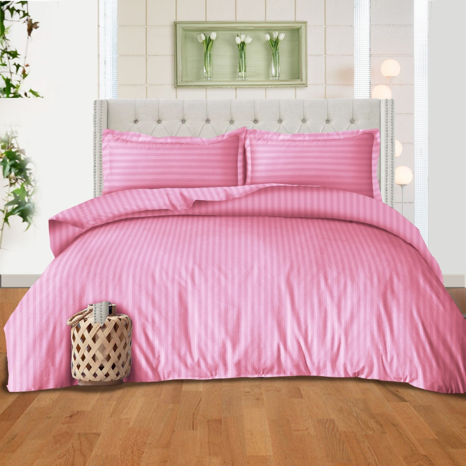 Hotel Quality Satin Stripe Duvet Quilt Cover Poly Cotton Bedding Set - Pink