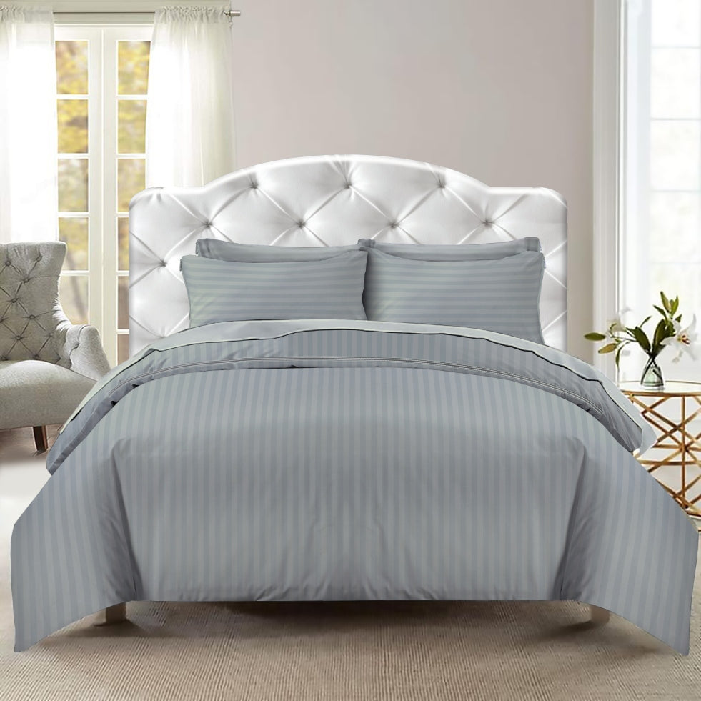 Hotel Quality Satin Stripe Duvet Quilt Cover Poly Cotton Bedding Set - Light Grey