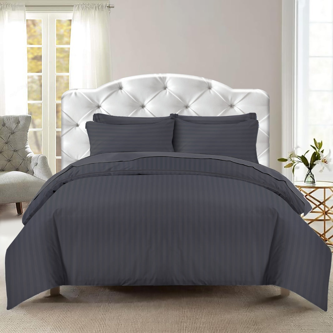 Hotel Quality Satin Stripe Duvet Quilt Cover Poly Cotton Bedding Set - Dark Grey