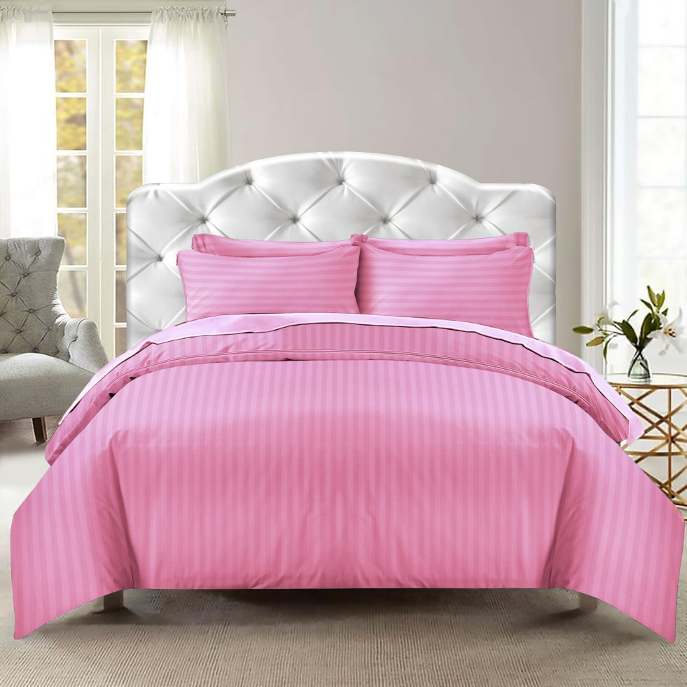 Hotel Quality Satin Stripe Duvet Quilt Cover Poly Cotton Bedding Set - Pink