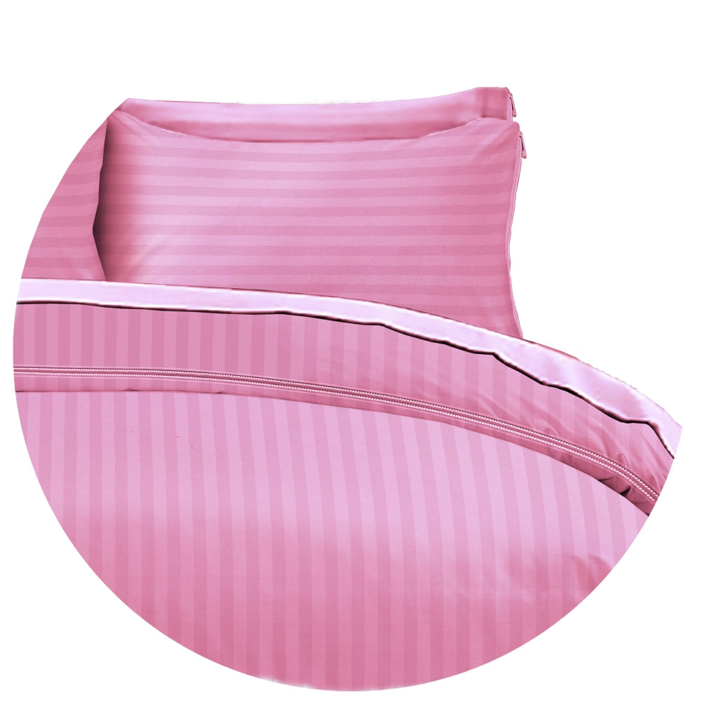 Hotel Quality Satin Stripe Duvet Quilt Cover Poly Cotton Bedding Set - Pink