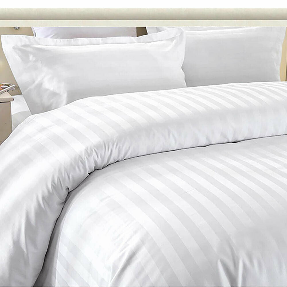 Hotel Quality Satin Stripe Duvet Quilt Cover Poly Cotton Bedding Set - White