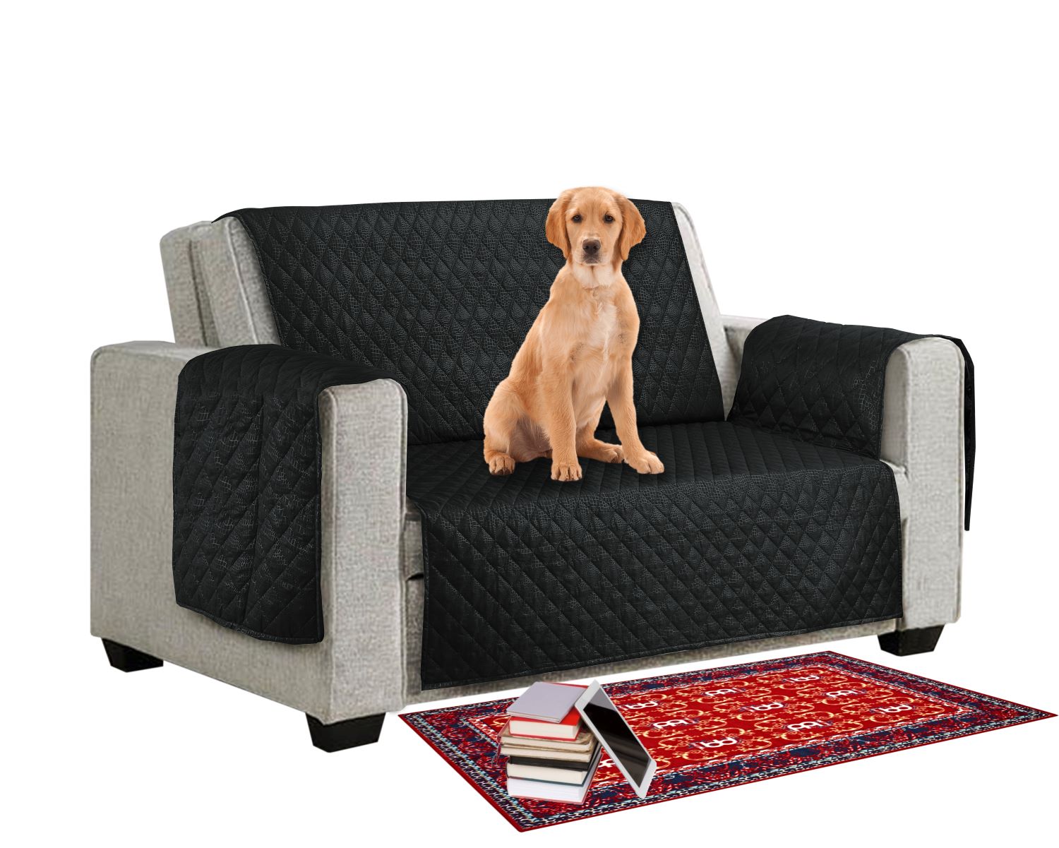 1/2/3 Seater Sofa Cover - Quilted Reversible Sofa Pet Protector - Black / Grey