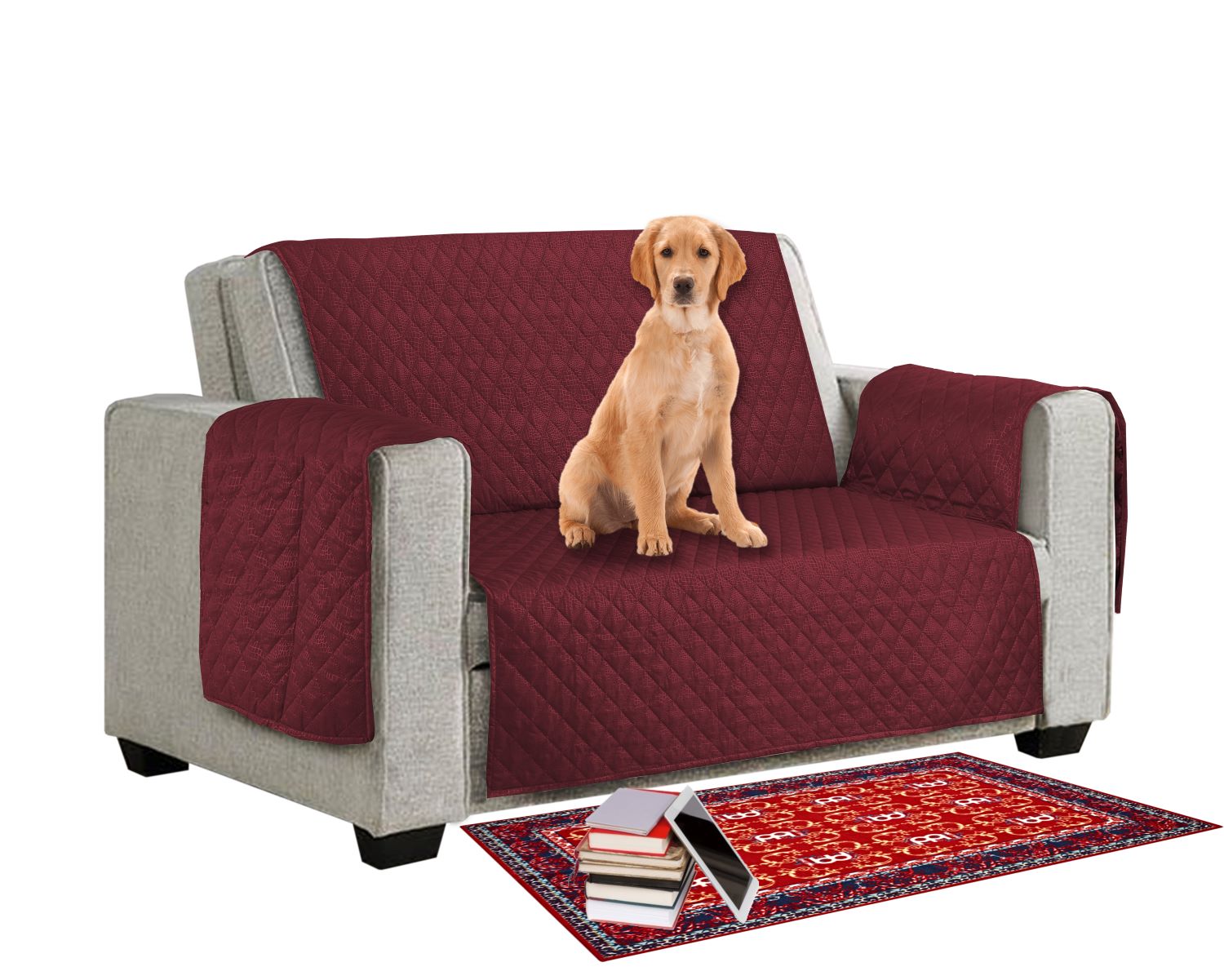 1/2/3 Seater Sofa Cover - Quilted Reversible Sofa Pet Protector - Burgundy / Red