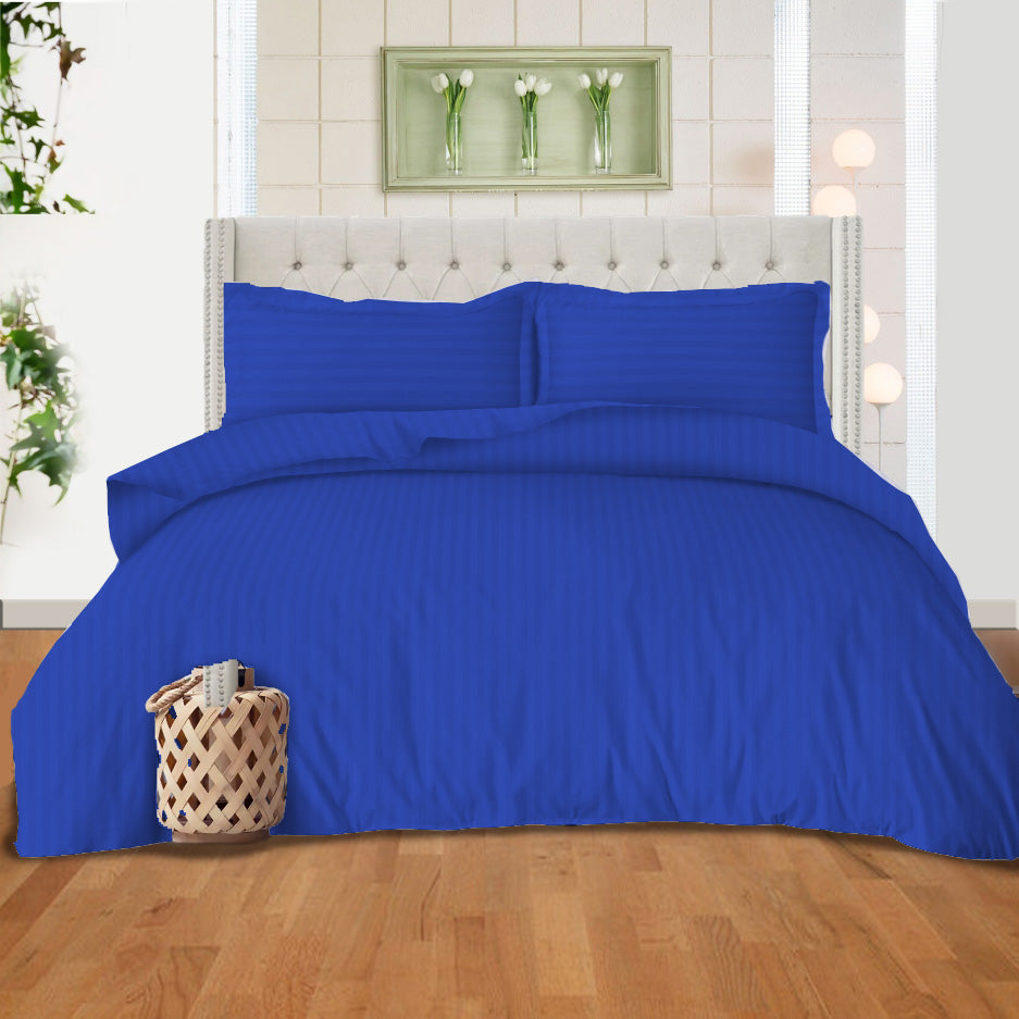 Hotel Quality Satin Stripe Duvet Quilt Cover Poly Cotton Bedding Set - Blue