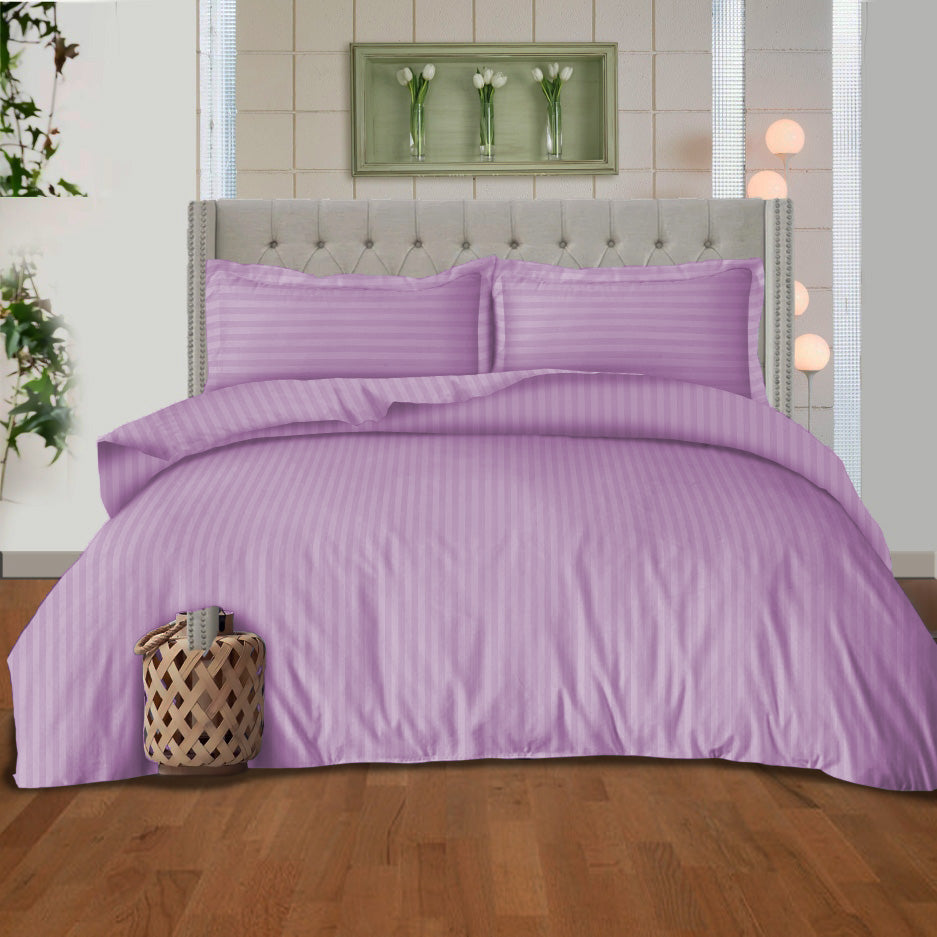 Hotel Quality Satin Stripe Duvet Quilt Cover Poly Cotton Bedding Set - Lilac