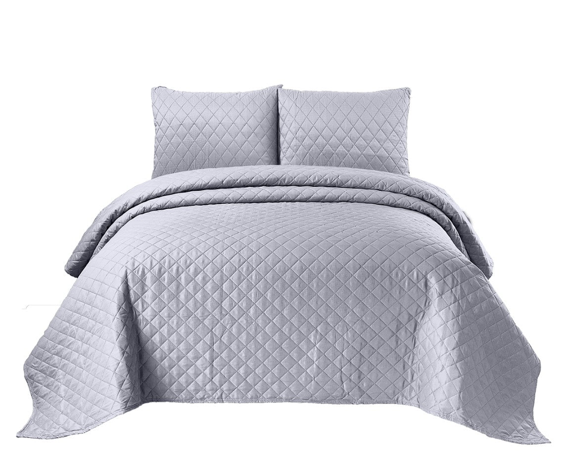 Quilted Emboss Bedspread Comforter - 3 Piece Bed Set - Silver