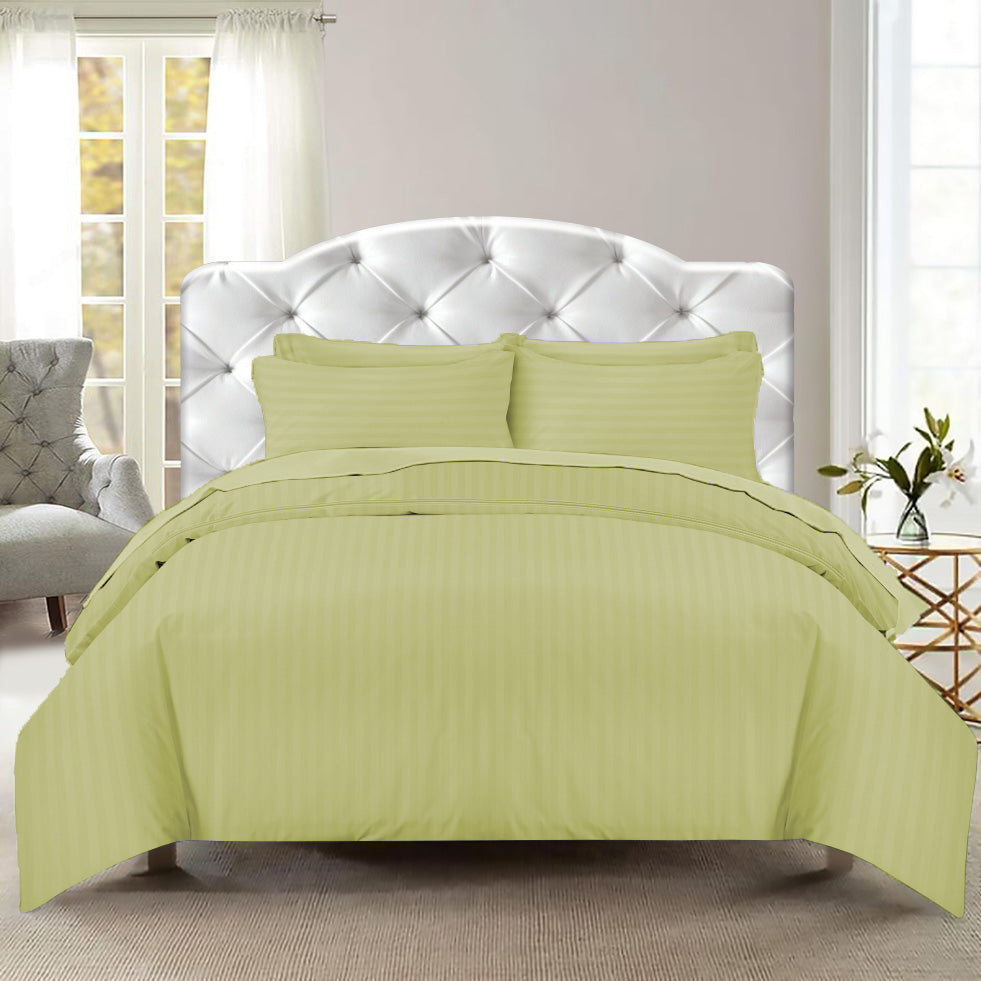 Hotel Quality Satin Stripe Duvet Quilt Cover Poly Cotton Bedding Set - Olive