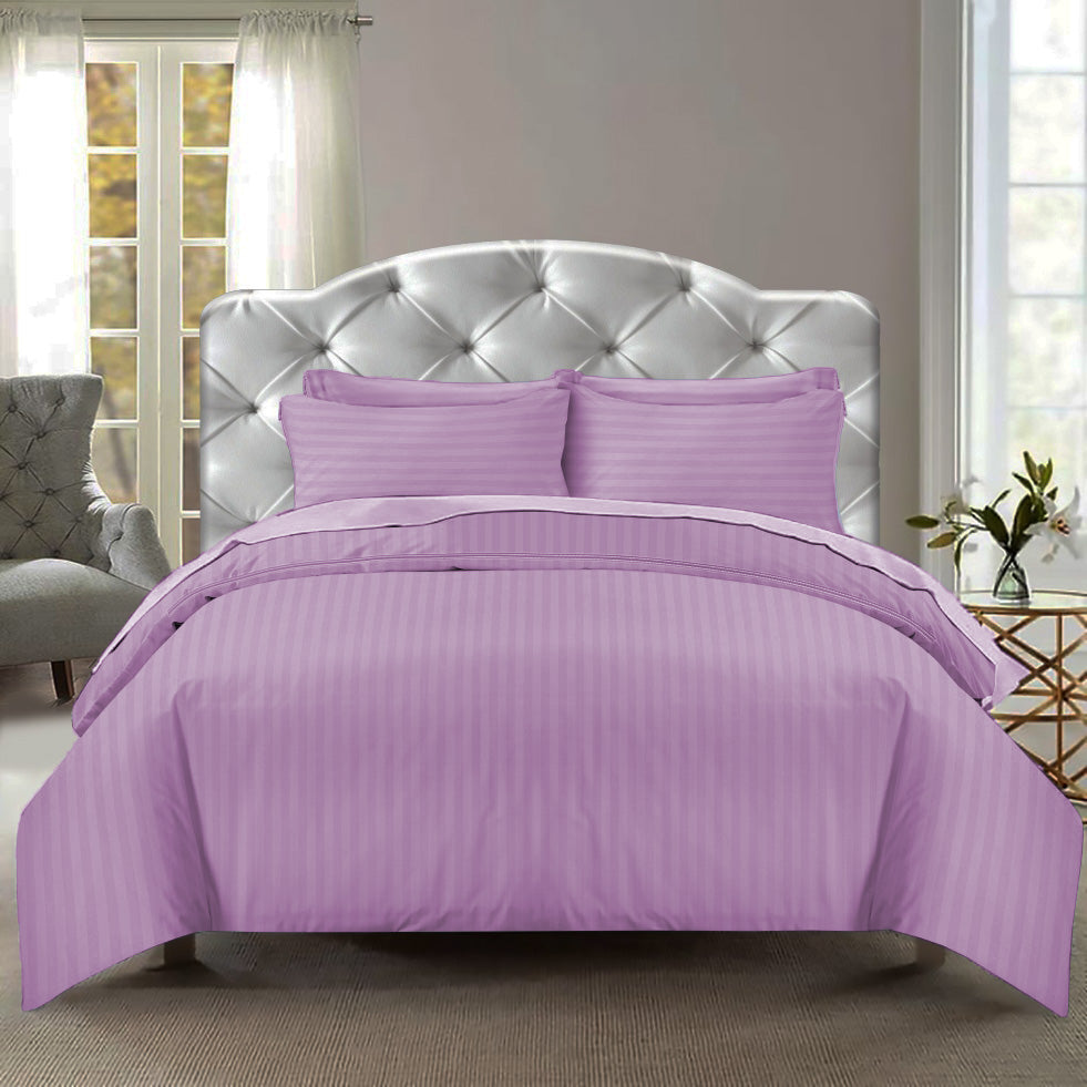 Hotel Quality Satin Stripe Duvet Quilt Cover Poly Cotton Bedding Set - Lilac