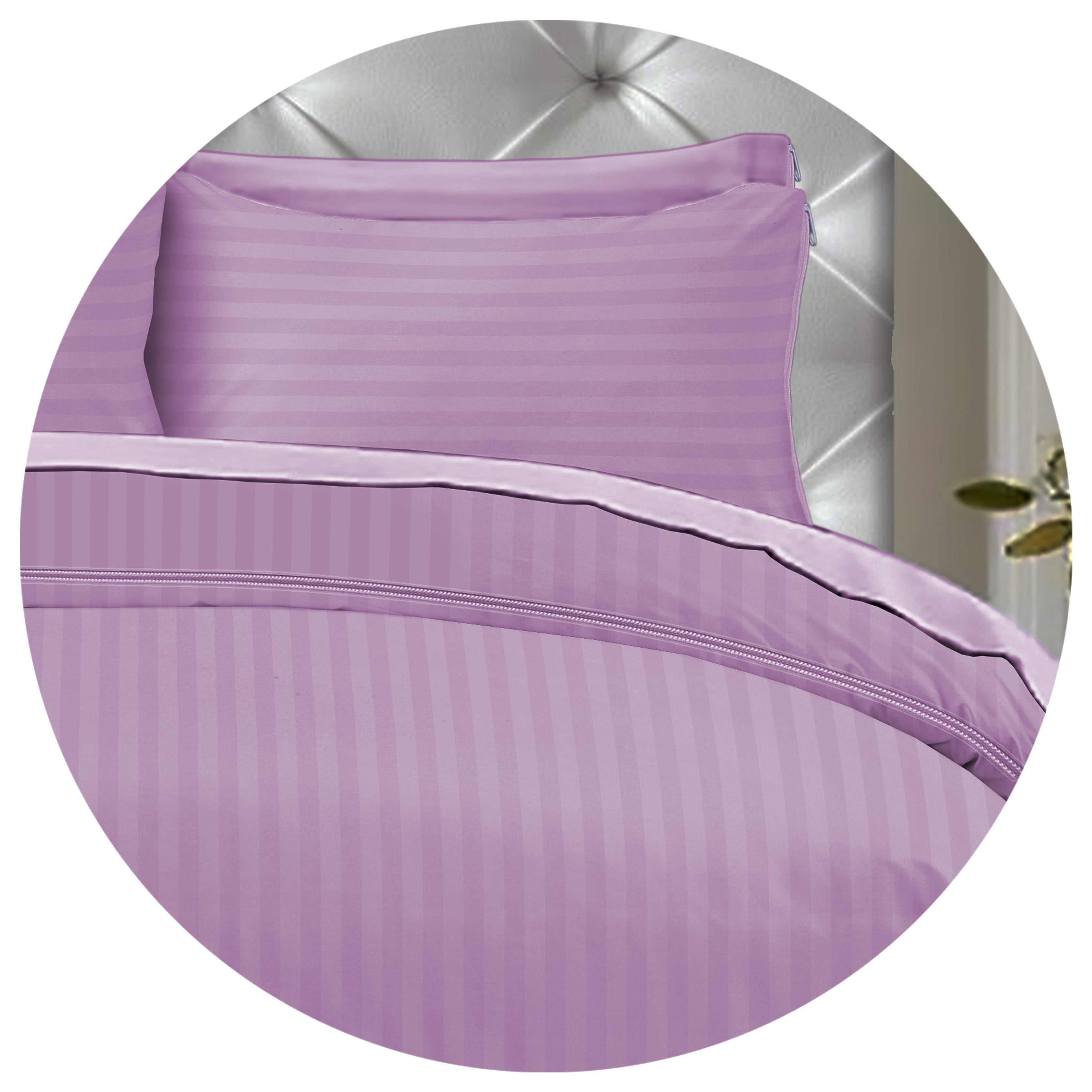 Hotel Quality Satin Stripe Duvet Quilt Cover Poly Cotton Bedding Set - Lilac