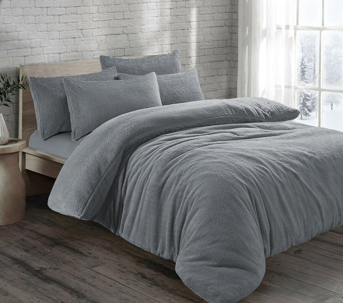 Teddy Bear Sherpa Fleece Duvet Covers - 3 Piece Bed Sets - Grey