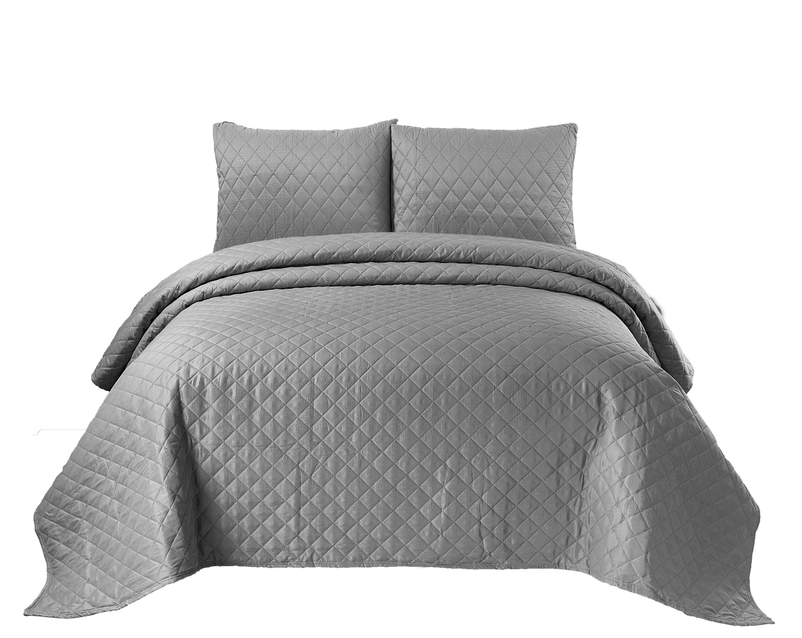 Quilted Emboss Bedspread Comforter - 3 Piece Bed Set - Grey