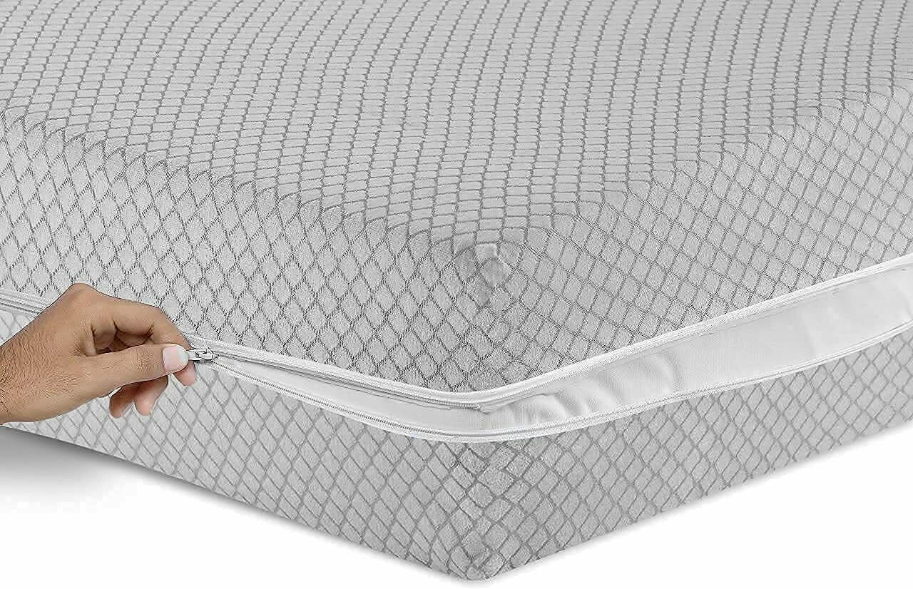 Zippered Mattress Encasement - Diamond Pattern Jacquard Terry Fabric - Light Grey