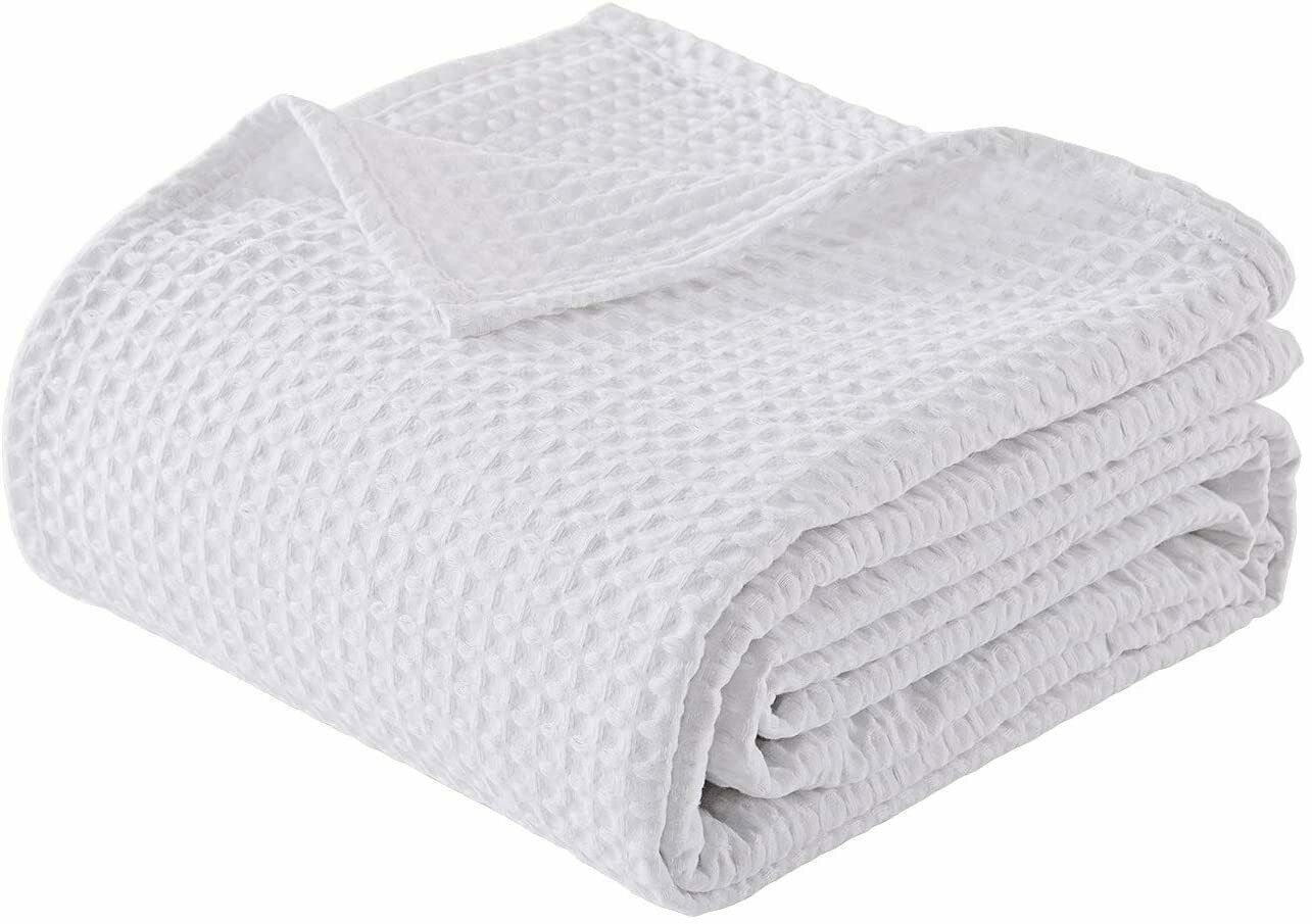 100% Cotton Waffle Throw Summer Travel Blanket - White